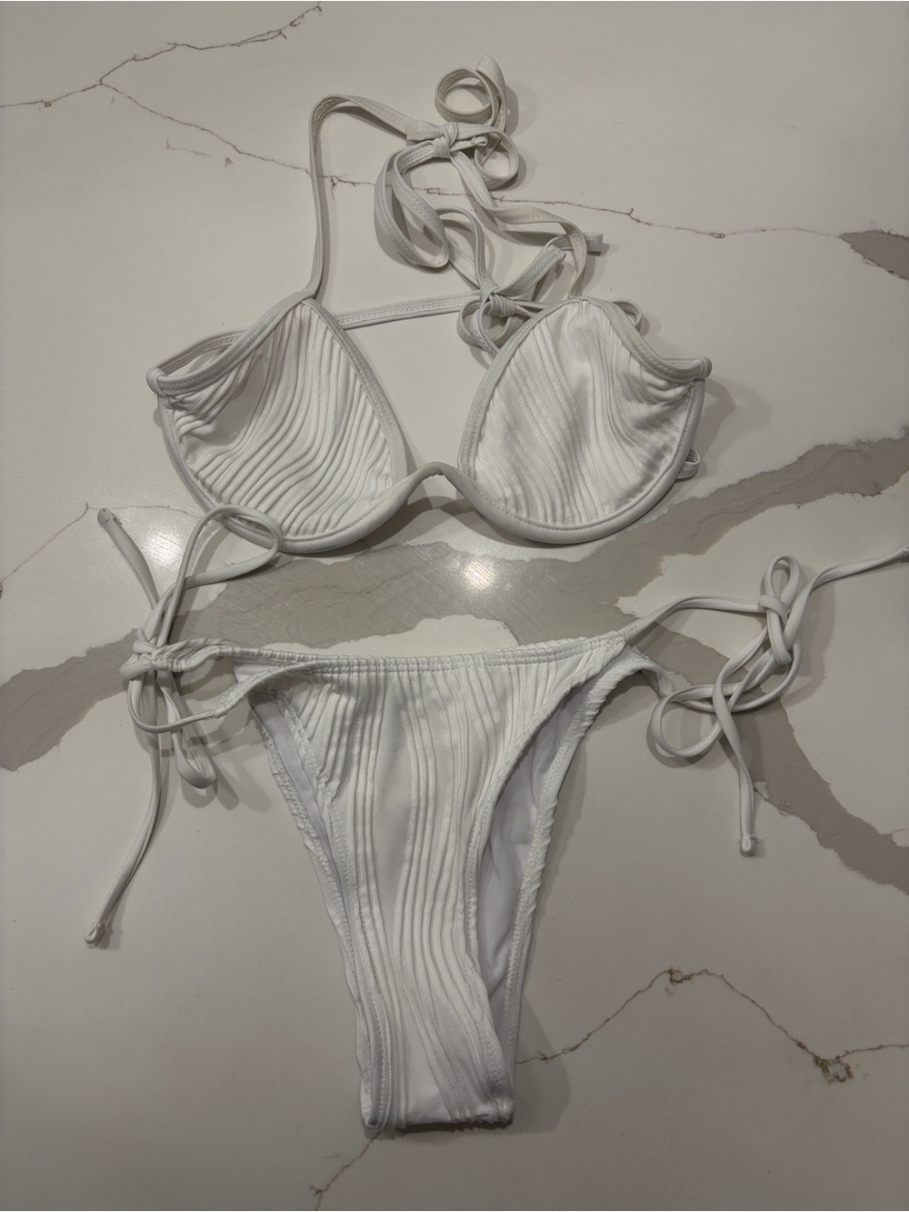 White Ribbed Tie-Side Bikini Set